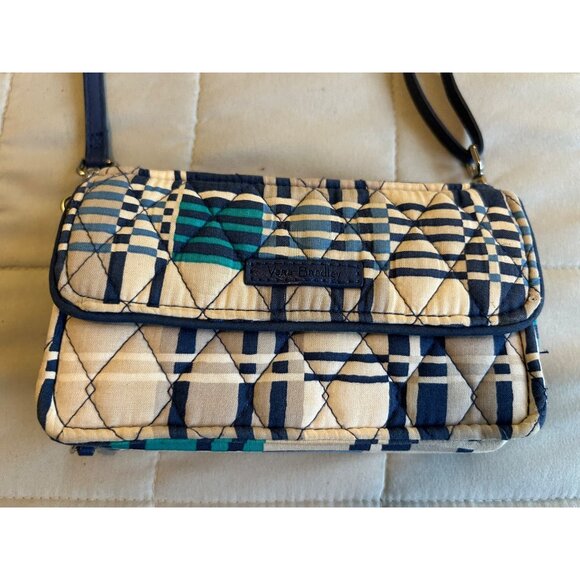 Vera Bradley Crossbody Wallet Purse Bag Blue Beige Geometric Print Quilted Trave - Picture 11 of 12